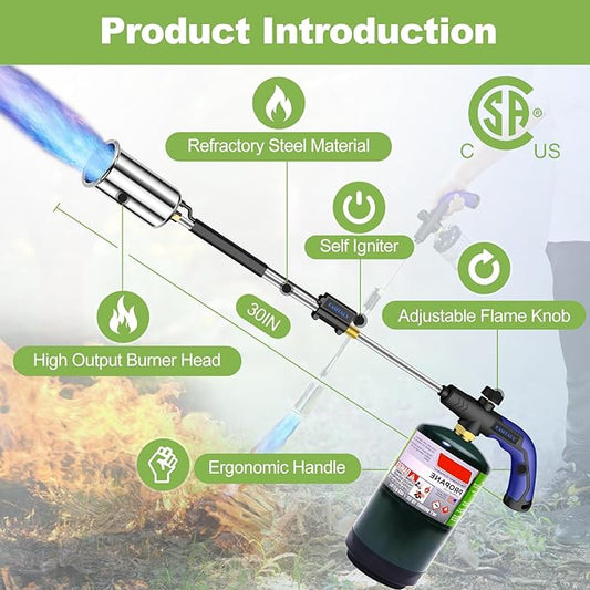 Heavy Duty Propane Weed Burner Torch, 30" Self-Igniting Flame Thrower with Rubber Grip for Garden Weeding, BBQ Lighting, Driveway & Snow Clearing(Fuel Cylinder Not Included)