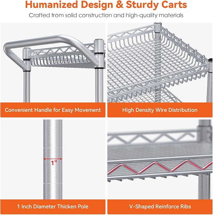 990Lbs Capacity Heavy Duty Rolling Utility Cart, NSF Rolling Carts with Wheels,Commercial Grade Metal Cart with Handle Bar & Shelf Liner,Trolley Serving Cart for Kitchen,Restaurant,Silver