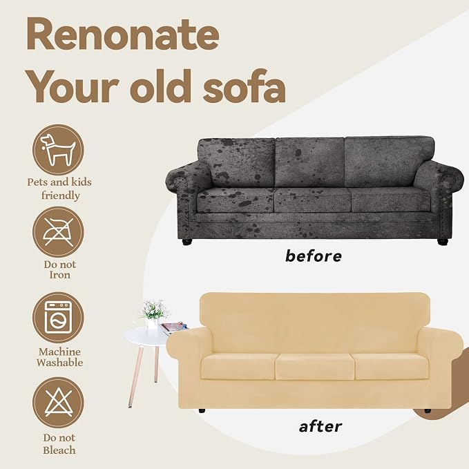 WEERRW 4 Pieces Couch Cover for Sofa Velvet Sofa Covers Washable, Champagne | Sofa Covers for 3 Cushion Couch Furniture Protector Sofa Slipcovers with Non Slip Elastic Bottom, Pet Friendly, Large