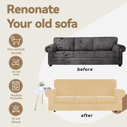 WEERRW 4 Pieces Couch Cover for Sofa Velvet Sofa Covers Washable, Champagne | Sofa Covers for 3 Cushion Couch Furniture Protector Sofa Slipcovers with Non Slip Elastic Bottom, Pet Friendly, Large