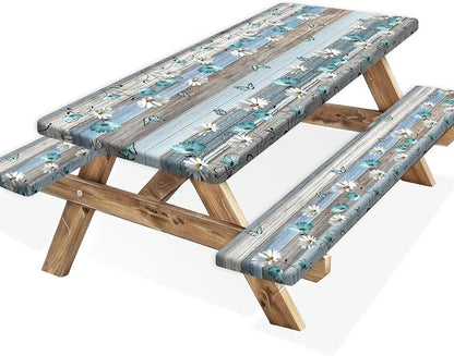 Floral Picnic Table Cover with Bench Covers, Camping Essentials, Wooden Flower Butterfly Waterproof Windproof, Fitted Tablecloth Cover with Elastic Edge, for Indoor, Outdoor, 3 PCS, 30x60 Inch