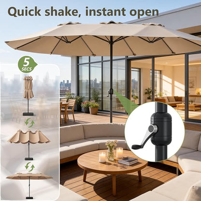 15FT Patio Umbrella, Double-Sided Outdoor Umbrella with base included, Large Standing Umbrella with Crank Handle & Ventilation, Rectangular patio umbrella for Pool, Backyard, Deck, Lawn & Beach