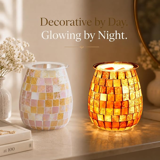 Dicimi Pink Wax Warmer for Scented Wax, Mosaic Glass Wax Melt Warmer with Gold Leaf, Electric Wax Burner with Removable Tray, Flameless Night Light Aromatherapy Gift for Women