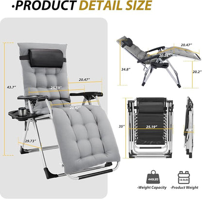 Premium Outdoor Chaise Lounge Chairs, Oversized Zero Gravity Chair, Grey | Removable Cushion and Headrest, Lawn Chair with Cup Holder for Reading and Camping