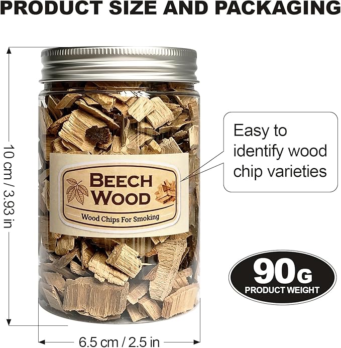 6 Pack Natural Wood Chips for Smoker Grill and Smoking Gun,Pear,Peach,Pecan,Beech, Mesquite and Cypress About 90g Each,Smoker Woodchips for BBQ Smoking Beef Pork Whisk