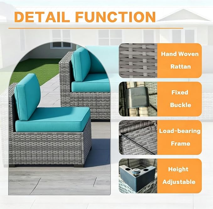 MOCHITO 5 Pieces Outdoor Patio Furniture Sets, All-Weather Sectional Sofa Grey PE Rattan Wicker Conversation Set with Glass Table and Washable Turkish Blue Cushions for Backyard,Sunroom,Garden,Porch