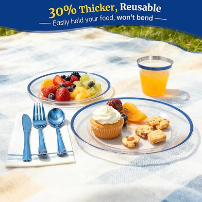 AIRE 175PCS Blue Plastic Plates for Party Supplies Dinnerware Sets for 25 Guests, Disposable Plastic Party Plates Cups Spoons Forks Knives Napkins for Birthday Wedding BBQ Christmas Parties, Blue