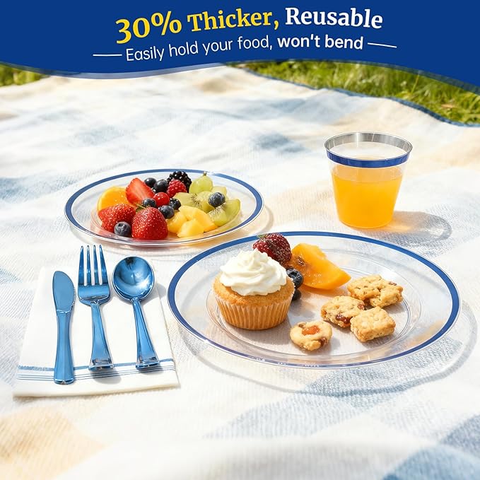 AIRE 350PCS Blue Plastic Plates for Party Supplies Dinnerware Sets for 50 Guests, Disposable Plastic Party Plates Cups Spoons Forks Knives Napkins for Birthday Wedding BBQ Christmas Parties, Blue