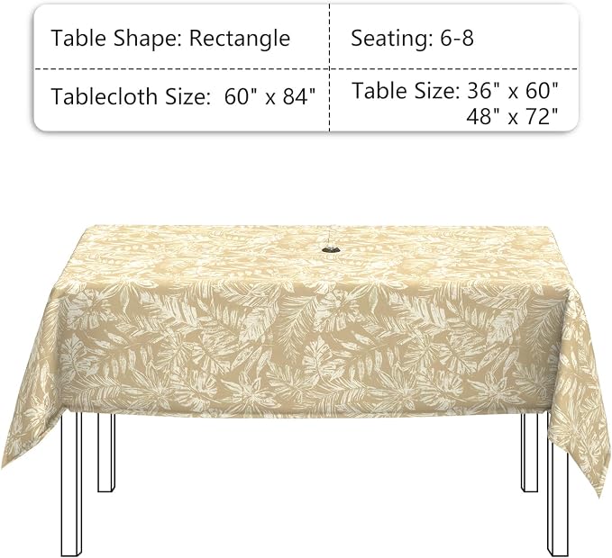 LVTXIII Rectangle Outdoor Tablecloth with Umbrella Hole and Zipper, Water-Repellent 60 x 84 Inch Patio Table Cover for Picnic, Garden, Backyard Dining, Tropical Leaf Oat