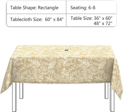 LVTXIII Rectangle Outdoor Tablecloth with Umbrella Hole and Zipper, Water-Repellent 60 x 84 Inch Patio Table Cover for Picnic, Garden, Backyard Dining, Tropical Leaf Oat