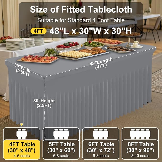 Smiry 2 Pack Spandex Elastic Fitted Table Cloth Skirt for 4FT Table | Stretch Washable Table Cloth, Banquet Table Cover for Wedding, Party, Indoor & Trade Shows, (Grey, 48Lx30Wx30H)