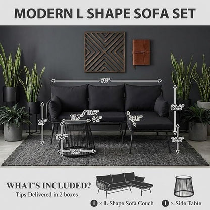 Bezseller 3-Piece Outdoor Patio Furniture Set, L-Shaped Rattan Sectional Sofa with Thick Cushions, Glass Coffee Table – All-Weather Conversation Set for Backyard, Porch, Poolside