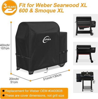 600D Pellet Grill Cover for Weber Searwood XL 600 & Smoque XL, Waterproof BBQ Smoker Cover, UV Resistant, No Tear, No Fading