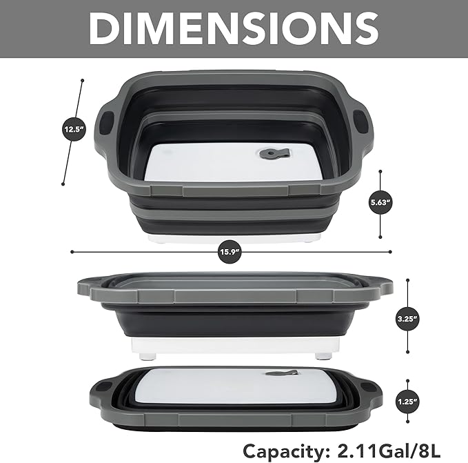 Collapsible Cutting Board(2.11 Gal/8L), BBQ Prep Tub with Locking Lid, Foldable Camping Sink with Colander, Multifunction Dish Basin for Kitchen, Bowl, Vegetable and Fruit, Storage Basket for Picnic
