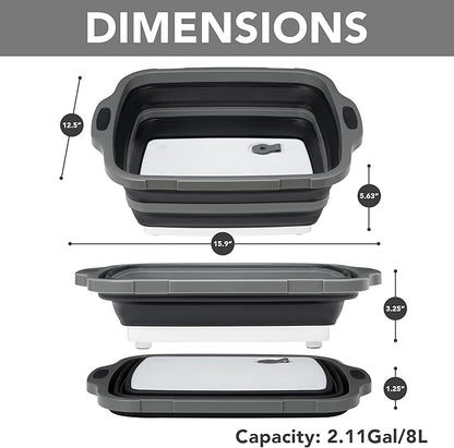 Collapsible Cutting Board(2.11 Gal/8L), BBQ Prep Tub with Locking Lid, Foldable Camping Sink with Colander, Multifunction Dish Basin for Kitchen, Bowl, Vegetable and Fruit, Storage Basket for Picnic