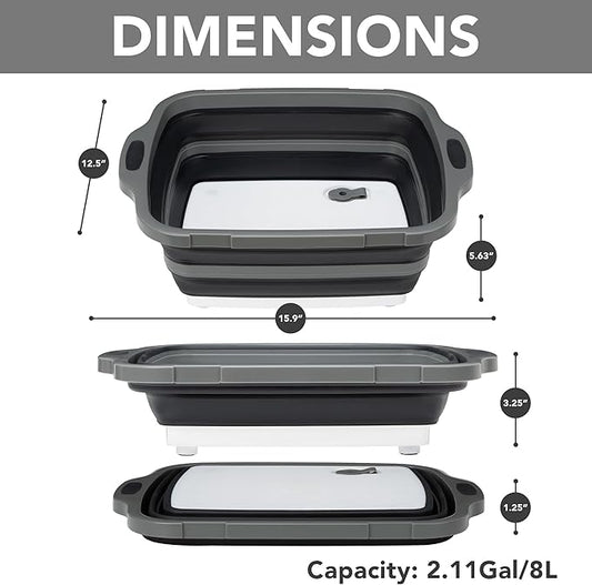 Collapsible Cutting Board(2.11 Gal/8L), BBQ Prep Tub with Locking Lid, Foldable Camping Sink with Colander, Multifunction Dish Basin for Kitchen, Bowl, Vegetable and Fruit, Storage Basket for Picnic