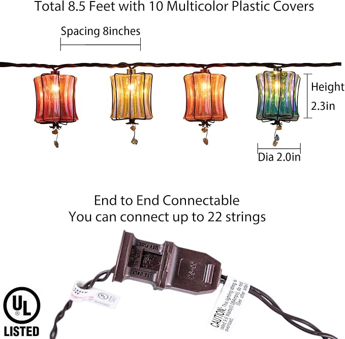 Outdoor String Lights Plug in with 10 Incandescent Bulbs, Multicolor Patio Lights Connectable Weatherproof Decorative Lantern String Lights for Gazebo Porch Bedroom Cottagecore Decor