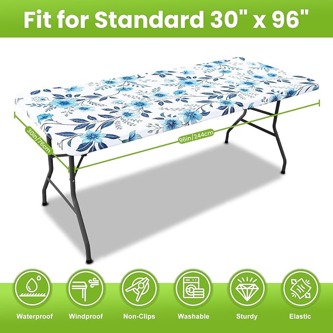 Smiry Spandex Fitted Tablecloth for 8 Foot Rectangle Tables, Washable Picnic Table Cover with Elastic, Stretch Reusable Table Cloth for Outdoor, Camping, Dining & Kitchen (Blue Flower, 30"x96")