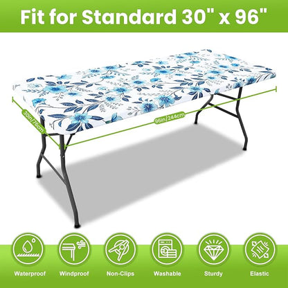 Smiry Spandex Fitted Tablecloth for 8 Foot Rectangle Tables, Washable Picnic Table Cover with Elastic, Stretch Reusable Table Cloth for Outdoor, Camping, Dining & Kitchen (Blue Flower, 30"x96")