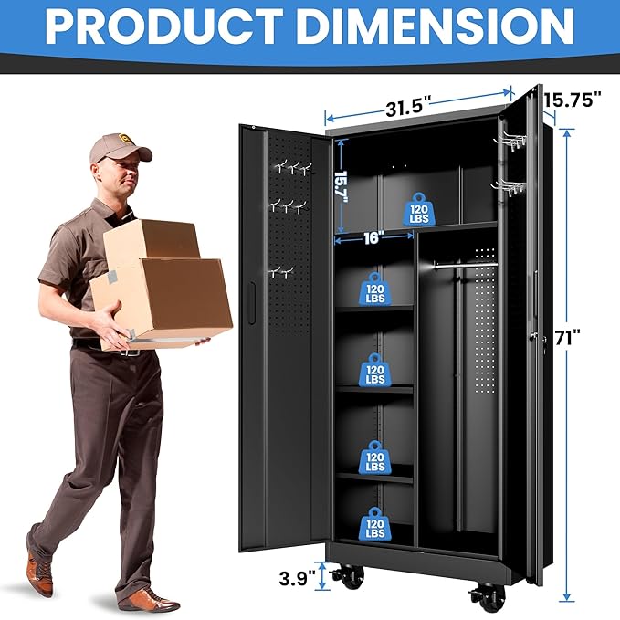 Metal Garage Storage Cabinet with Pegboard and Hanging Rod, 71'' Tall Metal Broom Closet Storage Cabinets, Rolling Tool Cabinet on Wheels for Garage, Utility Room (Black)