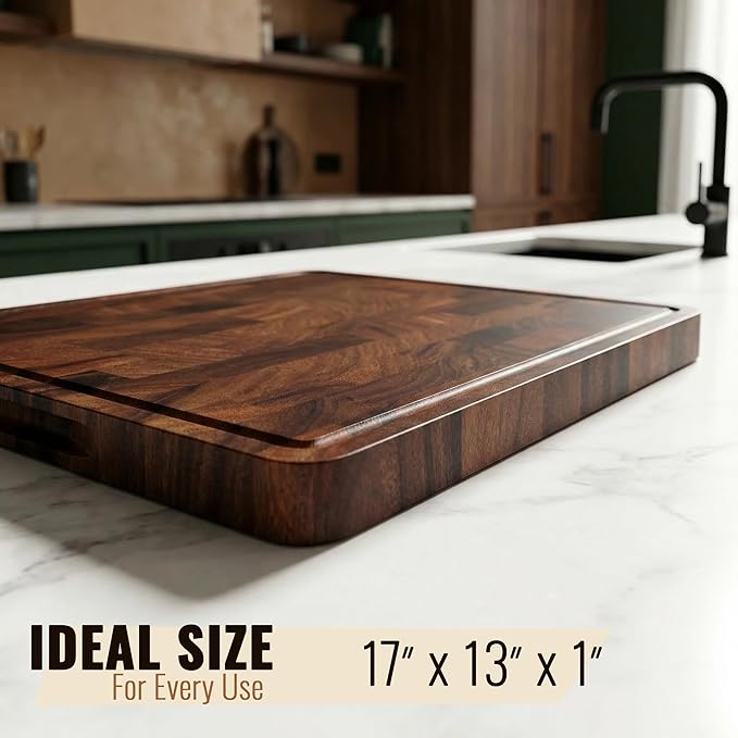 Babilonia Walnut Cutting Board - 17" x 13" x 1" Professional and Heavy Duty Non Toxic Wood Chopping Board, Wooden Charcuterie Boards & Butcher Block with Handles (Oil Bottle Included)
