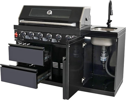 63 Inch Outdoor Kitchen Island, 6-Burner 85000 BTU Propane Stainless Steel BBQ with Side/Rear Burners, With Sink, Rotisserie, Marble Countertops, Storage, For Backyard BBQ