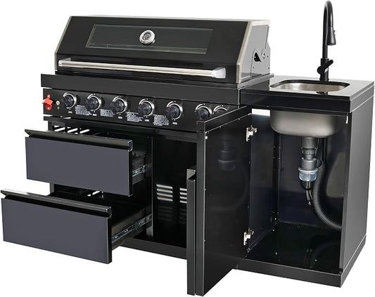 63 Inch Outdoor Kitchen Island, 6-Burner 85000 BTU Propane Stainless Steel BBQ with Side/Rear Burners, With Sink, Rotisserie, Marble Countertops, Storage, For Backyard BBQ