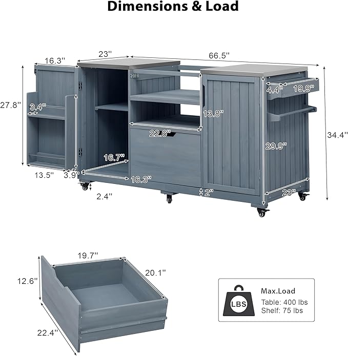 LUMISOL Outdoor Grill Cart for Big Green Egg Grills, 66.5" Solid Wood Outdoor Kitchen Island with Stainless Steel Top, Rolling Kitchen Cart with Internal Storage Rack, Spice & Towel Rack, Grey Blue