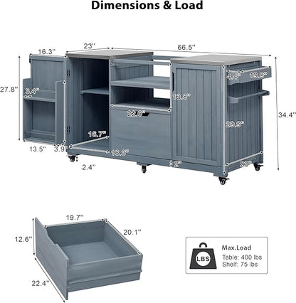 LUMISOL Outdoor Grill Cart for Big Green Egg Grills, 66.5" Solid Wood Outdoor Kitchen Island with Stainless Steel Top, Rolling Kitchen Cart with Internal Storage Rack, Spice & Towel Rack, Grey Blue