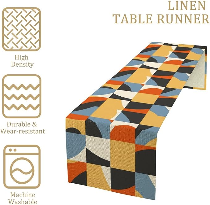 Mid Century Geometric Table Runner Dresser Scarves,Nordic Abstract Splicing Semicircle Linen Table for Party Kitchen Dining Banquet 13x108in