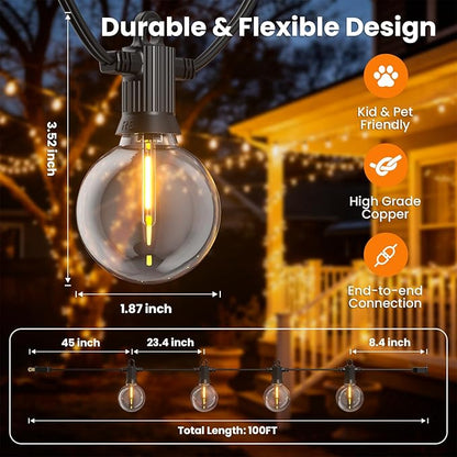 Kawaya Upgarded 100FT Outdoor String Lights with 50+2 G50 Globe Blubs, IP65 LED Patio Lights Outdoor Waterproof, Shatterproof Hanging Lights Outside for Porch Bistro Backyard Gazebo Balcony Cafe