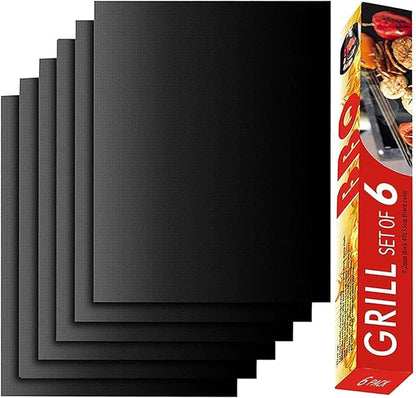 Grill Mat Set of 6-100% Non-Stick Reusable Mats for Gas, Charcoal or Electric Grills - Easy to Clean - 23 x 16.5-Inch, Black