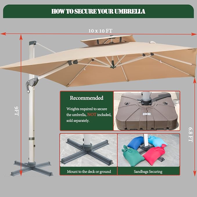 Cantilever Patio Umbrella with Cross Base and Cover Included - 360° Rotation Large Heavy Duty Offset Outdoor Umbrella with Easy Tilt for Pool Backyard Deck Garden (10x10 FT Khaki)