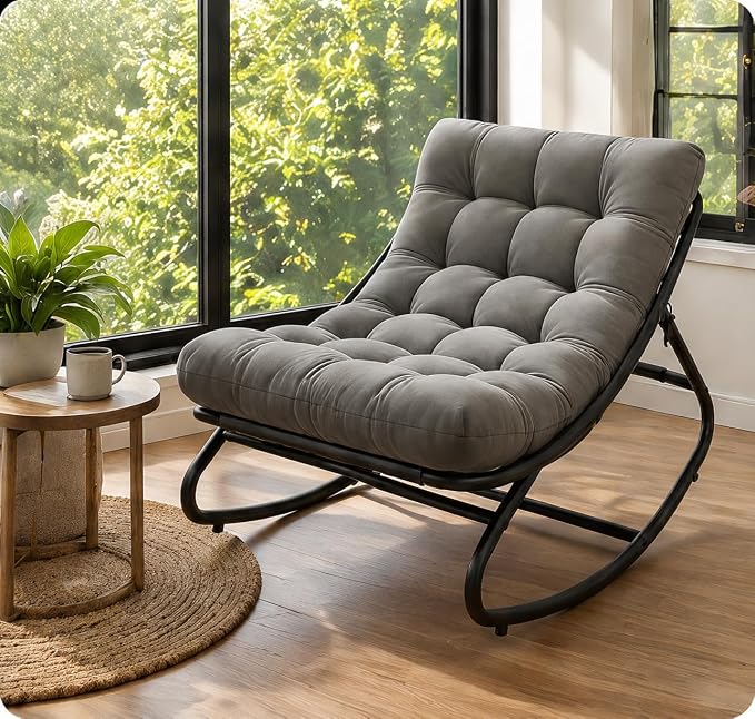 Garvee Outdoor Papasan Rocking Chair with Thick Cushion, 450 lb Capacity | Curved lounge profile, neutral gray finish and easy-care materials create a cozy retreat for porch, balcony or living room.