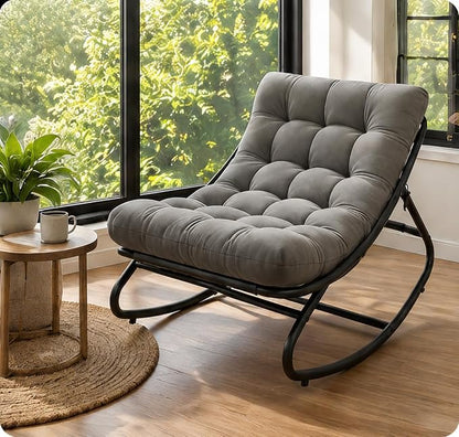 Garvee Outdoor Papasan Rocking Chair with Thick Cushion, 450 lb Capacity | Curved lounge profile, neutral gray finish and easy-care materials create a cozy retreat for porch, balcony or living room.