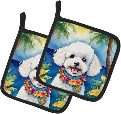 Caroline's Treasures Bichon Frise Luau Pair of Pot Holders Kitchen Heat Resistant Pot Holders Sets Oven Hot Pads for Cooking Baking BBQ, 7 1/2 x 7 1/2