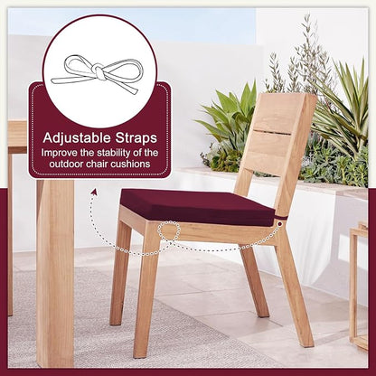 Cozyide Outdoor Chair Cushions, Waterproof Patio Seat Cushions with Adjustable Straps, Square Corner Patio Chair Cushions for Garden, Burgundy, 18.5x16x3 Inch (Pack of 4)