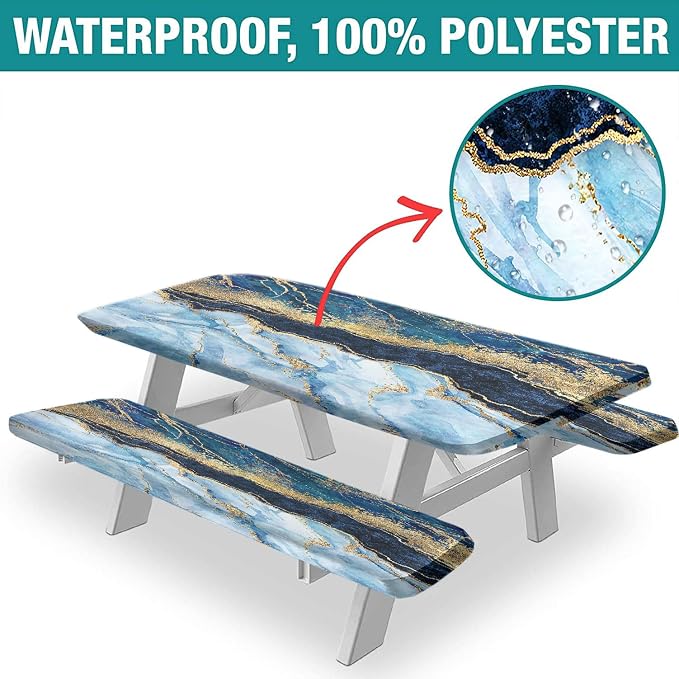 Marble Picnic Table Cover with Bench Covers, 3 Pieces Set, Blue Golden Marble Texture Elastic Fitted Rectangle Tablecloths, 72x28 Inch, Great for Picnic Party Outdoor Patio Camping Use