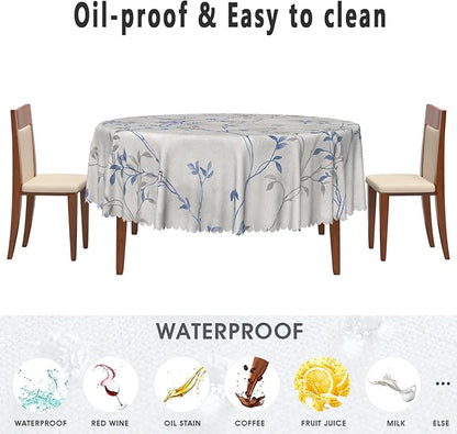 Blue Gray Floral Round Tablecloths 60x60 Inch Plants Birds Decoration Table Cloth for Seasonal Decors Watercolor Oil Proof Spill Proof Wipeable Table Cloths for Indoor Outdoor Use
