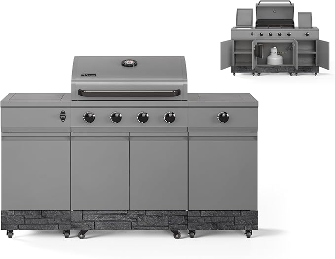 Tytus Fresno 66" 5-Burner Propane or Nat Gas Island Grill, 60K Total BTUs | Pre-assembled for fast install, 864 sq inch cooking area with Side Burner, Storage, Ice Bucket - Gunmetal / Graphite Island