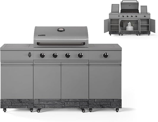 Tytus Fresno 66" 5-Burner Propane or Nat Gas Island Grill, 60K Total BTUs | Pre-assembled for fast install, 864 sq inch cooking area with Side Burner, Storage, Ice Bucket - Gunmetal / Graphite Island