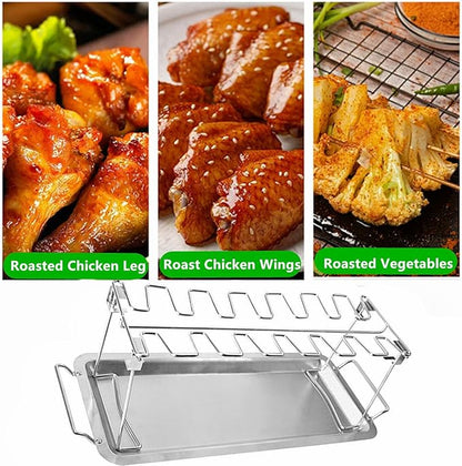 Chicken Leg Rack for Grill with Drip Tray, 14 Slots Stainless Steel Chicken Wing Rack, Chicken Drumstick Holder for Smoker,Chicken Drumstick Rack BBQ Accessories