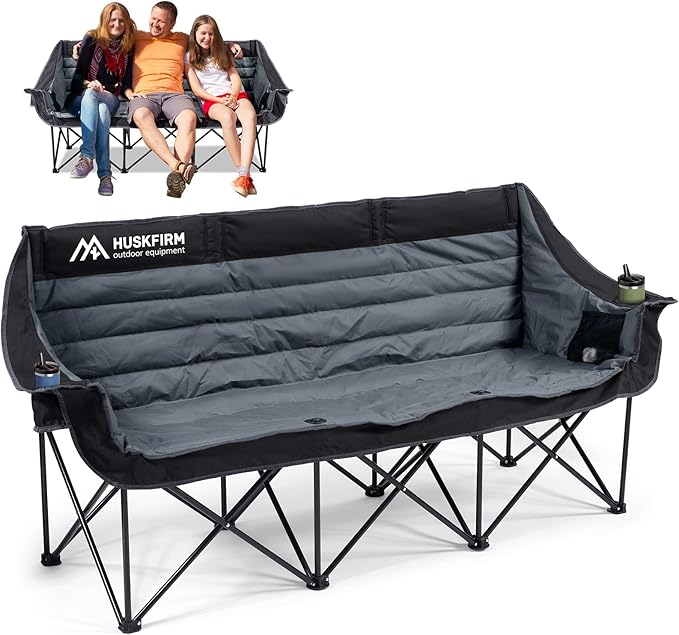 Huskfirm 3 Person Camping Chairs Folding Double Camp Chair for Adults Black | Oversized Loveseat Camping Chair Padded Heavy Duty Camping Couch for Outdoor Lawn with Two Cup Holders and Carry Bag