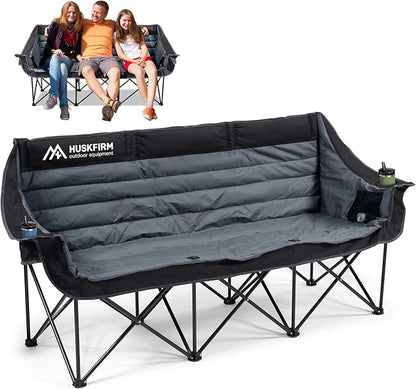 Huskfirm 3 Person Camping Chairs Folding Double Camp Chair for Adults Black | Oversized Loveseat Camping Chair Padded Heavy Duty Camping Couch for Outdoor Lawn with Two Cup Holders and Carry Bag