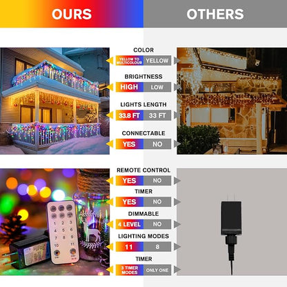 JMEXSUSS Color Changing Icicle Lights for Outside, 11 Modes 400 LED | Christmas Icicle Lights with 80 Drops, Warm White to Multicolor Icicle Lights for Christmas Eaves Party Decorations