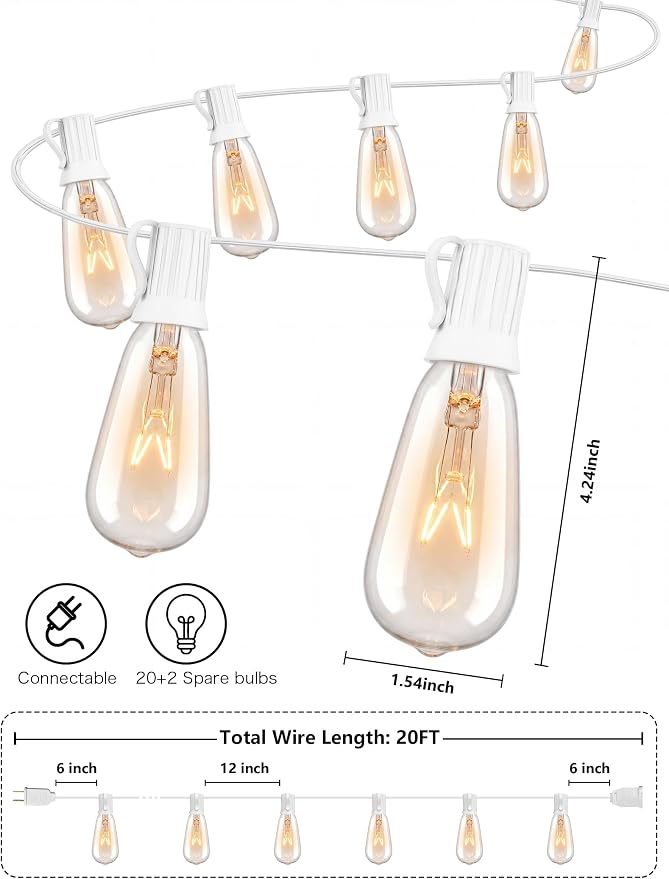 20FT Edison Outdoor String Lights with 22 Clear Edison Bulbs(2 Spare), ST40 Vintage Bulb String Lights for Christmas Hanging Backyard Porch Balcony Party Decoration, E17/C9 Socket Base, White Wire