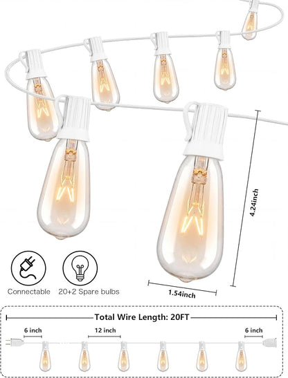 20FT Edison Outdoor String Lights with 22 Clear Edison Bulbs(2 Spare), ST40 Vintage Bulb String Lights for Christmas Hanging Backyard Porch Balcony Party Decoration, E17/C9 Socket Base, White Wire