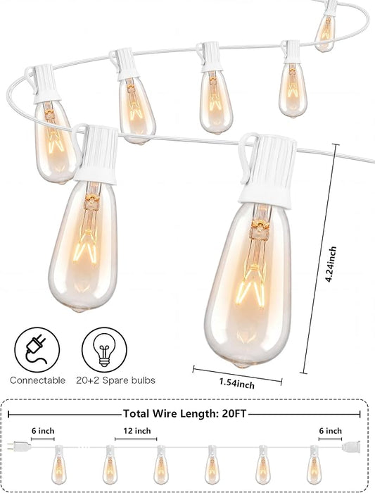 20FT Edison Outdoor String Lights with 22 Clear Edison Bulbs(2 Spare), ST40 Vintage Bulb String Lights for Christmas Hanging Backyard Porch Balcony Party Decoration, E17/C9 Socket Base, White Wire
