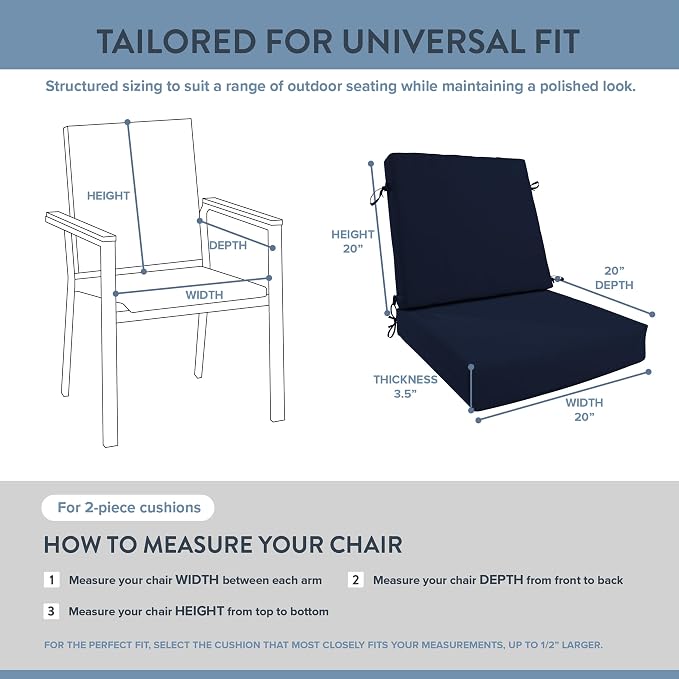 California Umbrella Outdoor Dining Chair, Patio Seat Cushion, 20 x 40 Inch, Premium Outdoor Memory Foam, Fade Resistant, Sunbrella Fabric, Fabric Ties, Navy