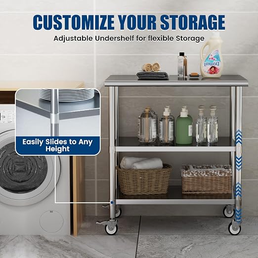 Stainless Steel Work Table with Wheels, 24x36 Inch NSF Kitchen Prep Table with 2 Adjustable Undershelves for Commercial Restaurant, Garage, Outdoor BBQ